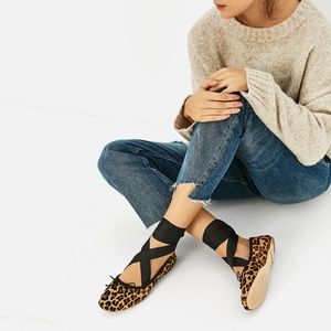 Zara Pony Hair Leopard Ribbon Ballet Flats 37 6.5